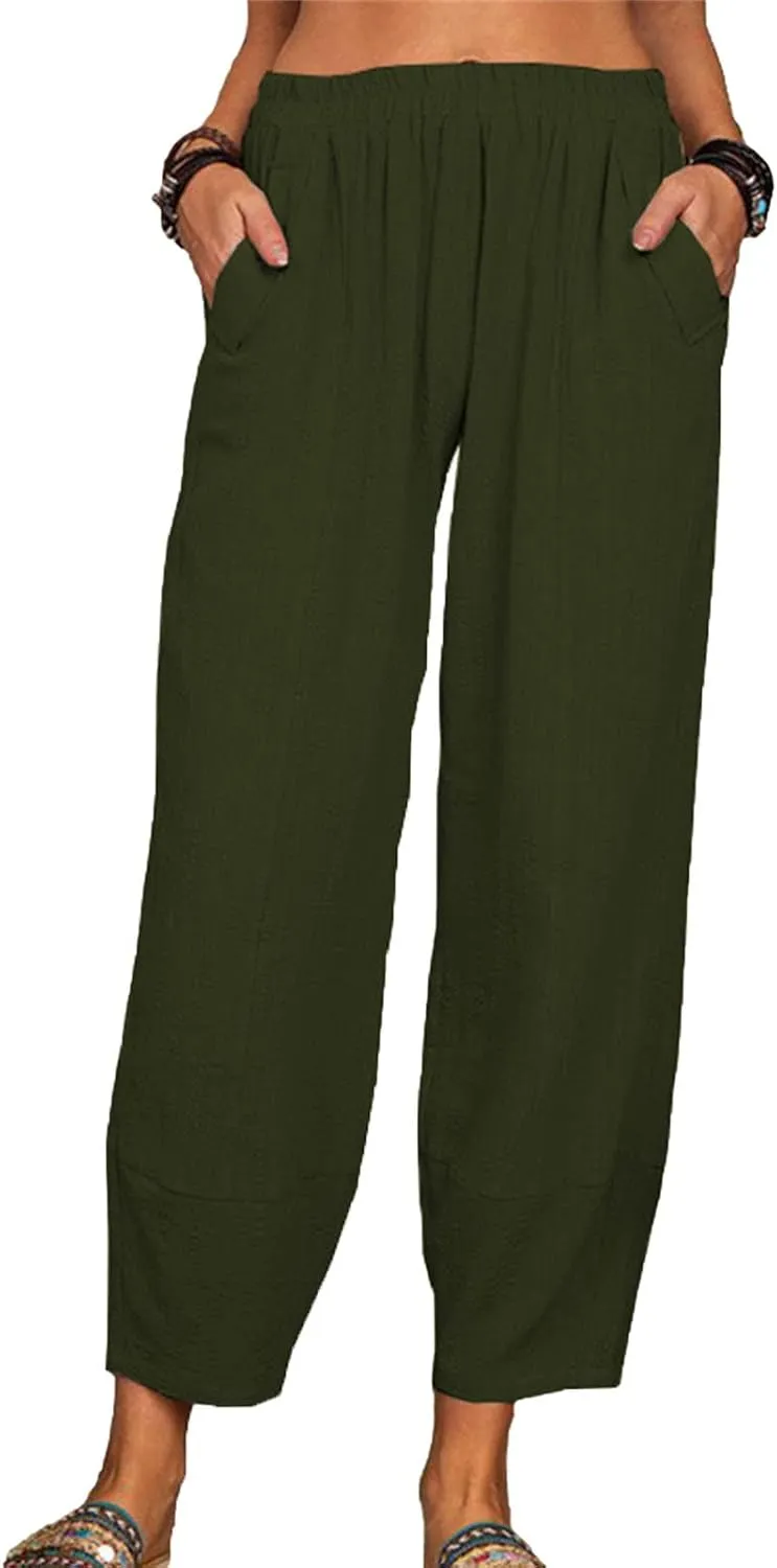 Maiyifu-GJ Women Cotton Linen Capri Yoga Pants Casual Drawstring Loose Beach Pant High Waist Wide Leg Trousers with Pockets