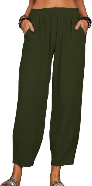 Maiyifu-GJ Women Cotton Linen Capri Yoga Pants Casual Drawstring Loose Beach Pant High Waist Wide Leg Trousers with Pockets