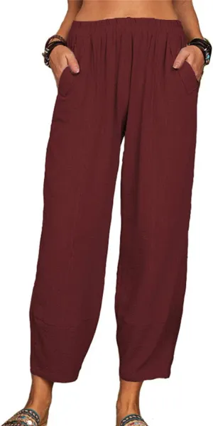 Maiyifu-GJ Women Cotton Linen Capri Yoga Pants Casual Drawstring Loose Beach Pant High Waist Wide Leg Trousers with Pockets
