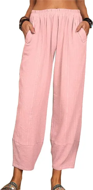 Maiyifu-GJ Women Cotton Linen Capri Yoga Pants Casual Drawstring Loose Beach Pant High Waist Wide Leg Trousers with Pockets