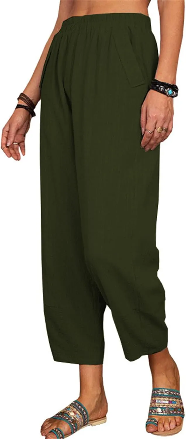 Maiyifu-GJ Women Cotton Linen Capri Yoga Pants Casual Drawstring Loose Beach Pant High Waist Wide Leg Trousers with Pockets