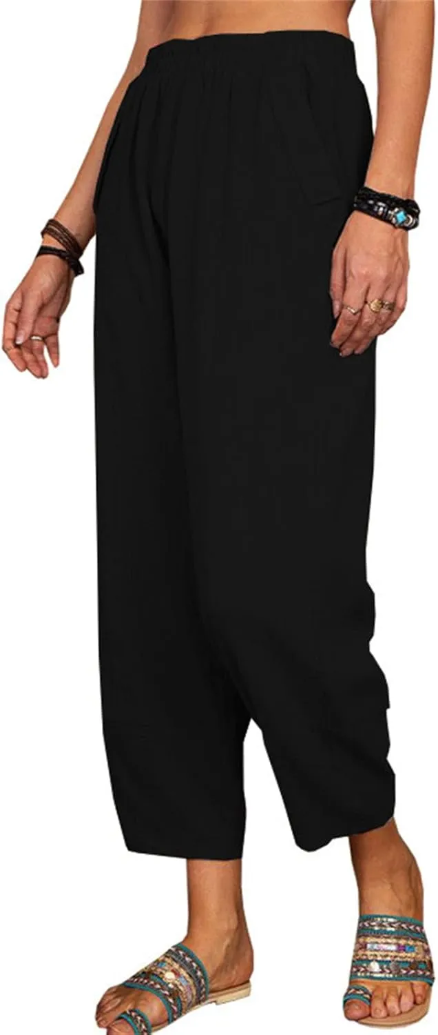 Maiyifu-GJ Women Cotton Linen Capri Yoga Pants Casual Drawstring Loose Beach Pant High Waist Wide Leg Trousers with Pockets