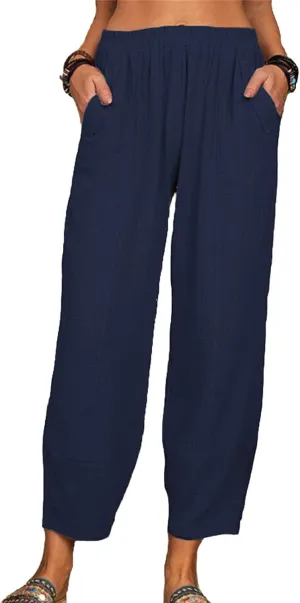 Maiyifu-GJ Women Cotton Linen Capri Yoga Pants Casual Drawstring Loose Beach Pant High Waist Wide Leg Trousers with Pockets