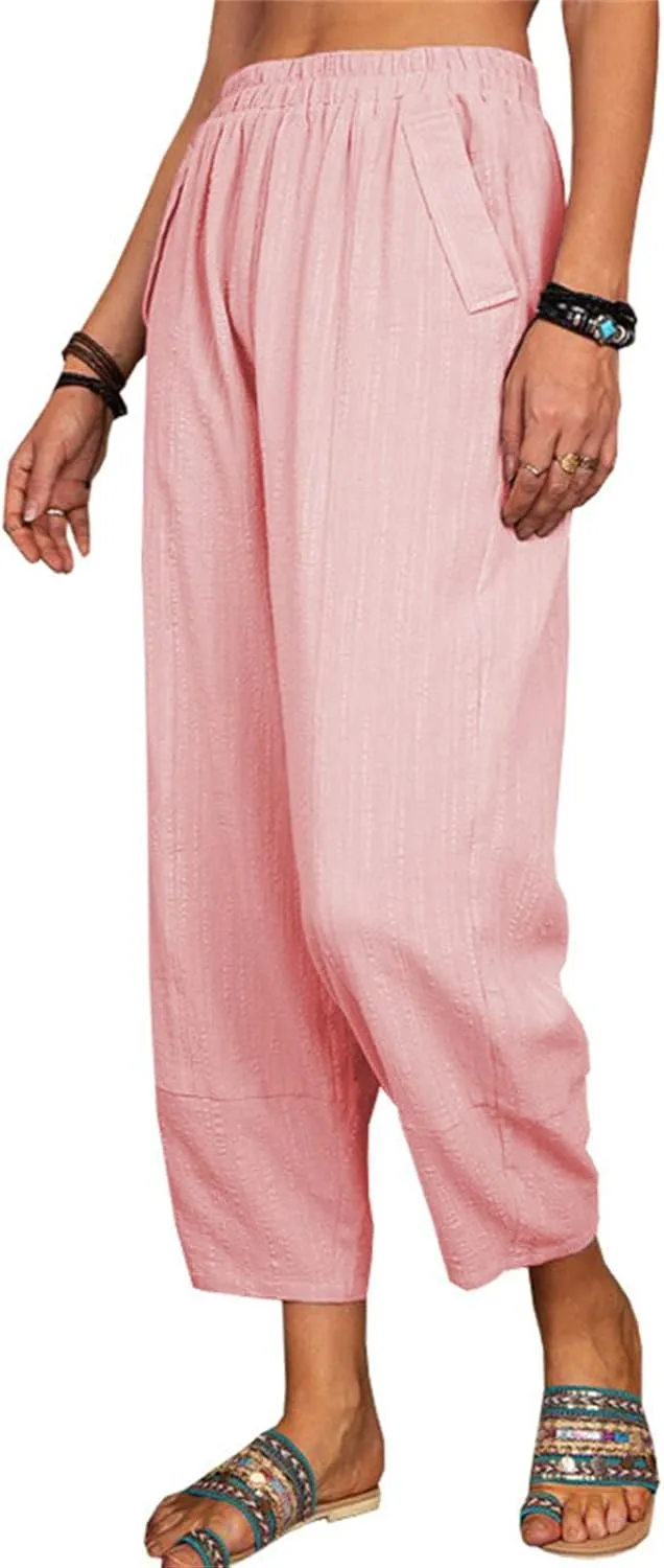 Maiyifu-GJ Women Cotton Linen Capri Yoga Pants Casual Drawstring Loose Beach Pant High Waist Wide Leg Trousers with Pockets