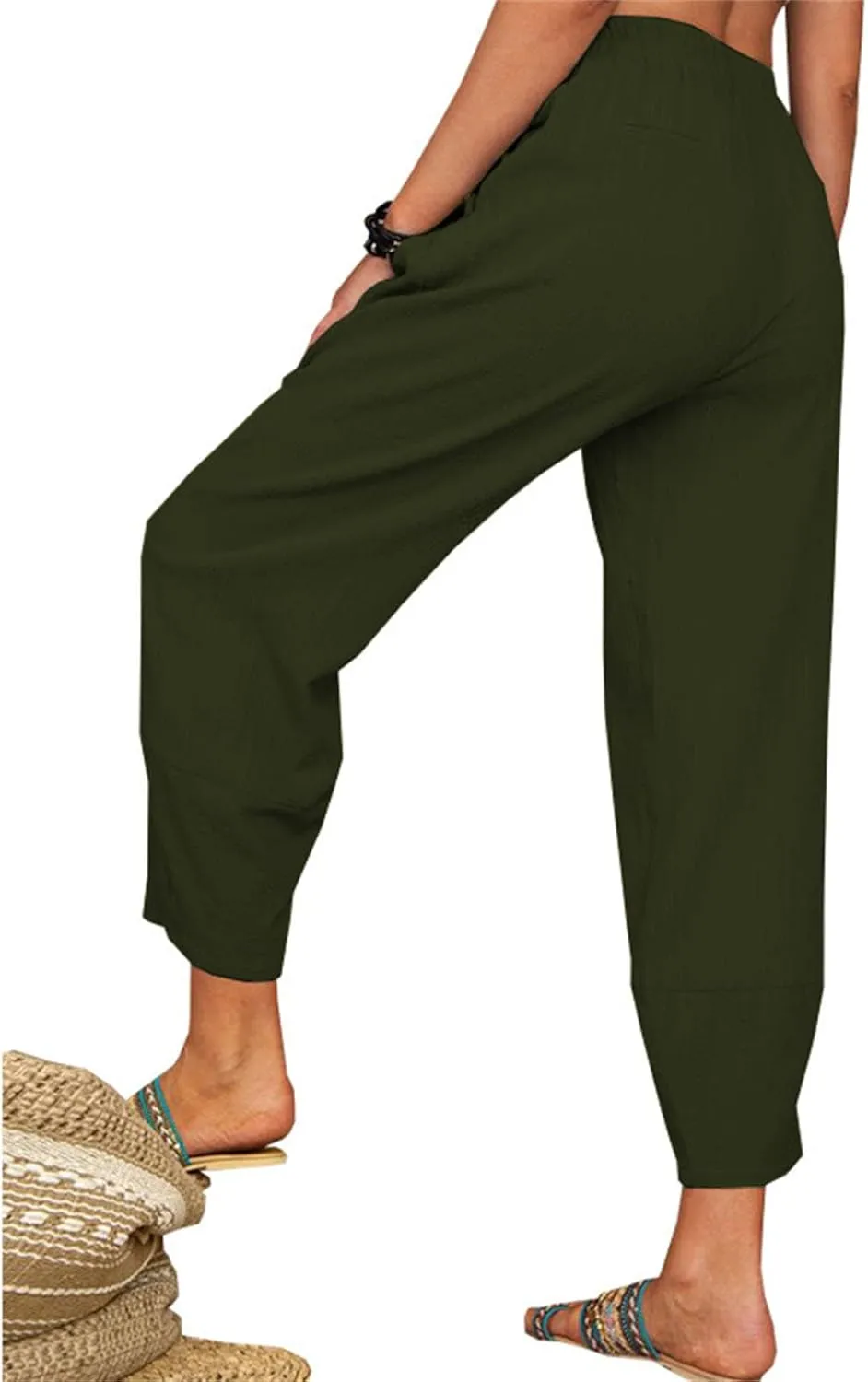 Maiyifu-GJ Women Cotton Linen Capri Yoga Pants Casual Drawstring Loose Beach Pant High Waist Wide Leg Trousers with Pockets