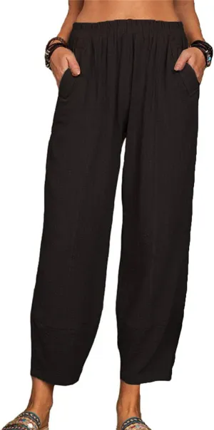 Maiyifu-GJ Women Cotton Linen Capri Yoga Pants Casual Drawstring Loose Beach Pant High Waist Wide Leg Trousers with Pockets