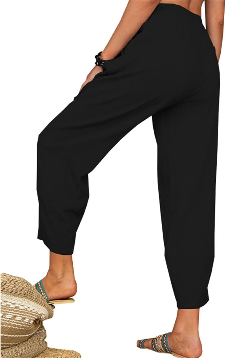Maiyifu-GJ Women Cotton Linen Capri Yoga Pants Casual Drawstring Loose Beach Pant High Waist Wide Leg Trousers with Pockets