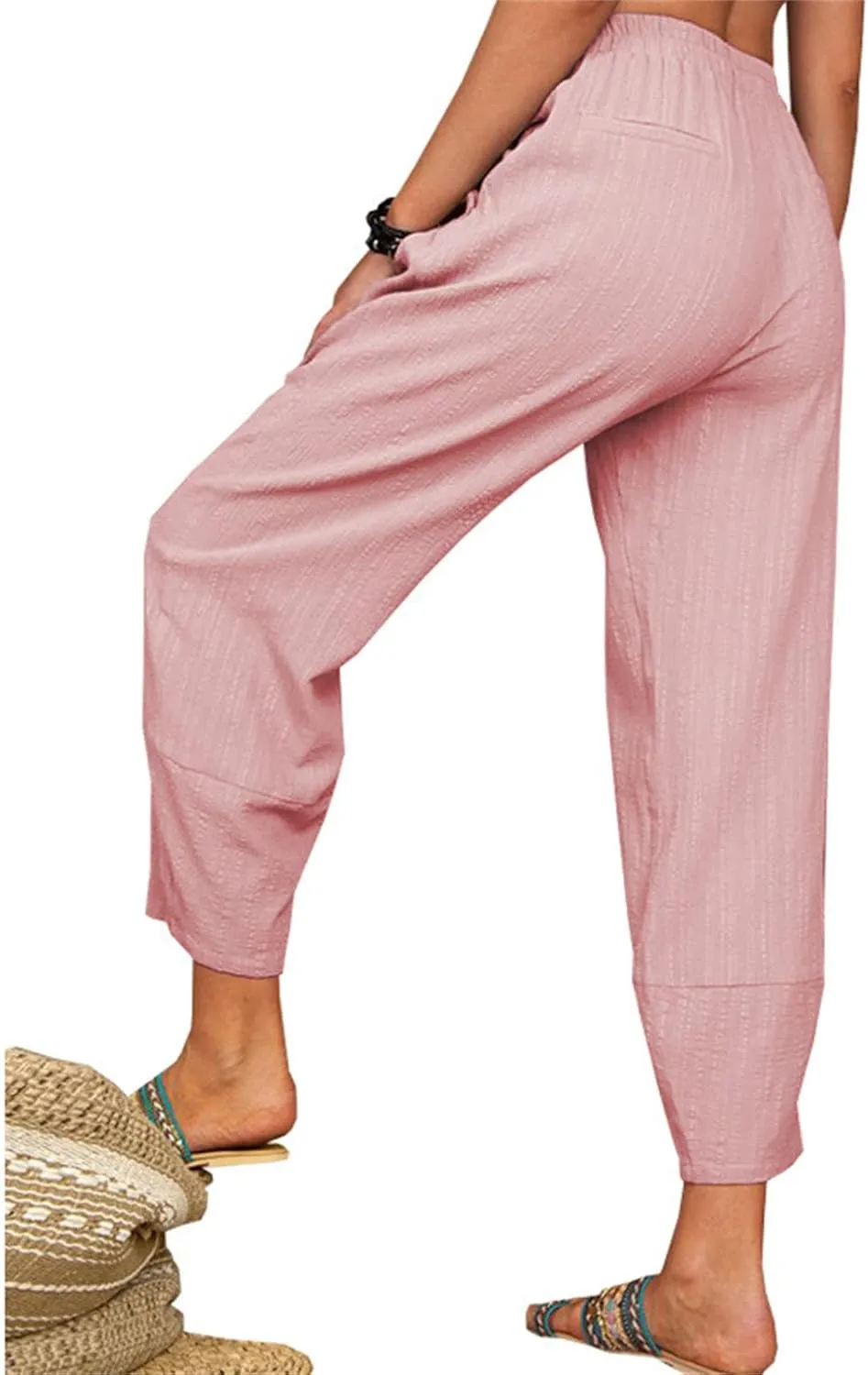 Maiyifu-GJ Women Cotton Linen Capri Yoga Pants Casual Drawstring Loose Beach Pant High Waist Wide Leg Trousers with Pockets