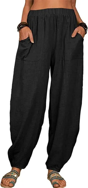 Maiyifu-GJ Women's Baggy Linen Wide Leg Pants Elastic Waist Casual Loose Long Trousers High Waisted Comfy Lounge Pant