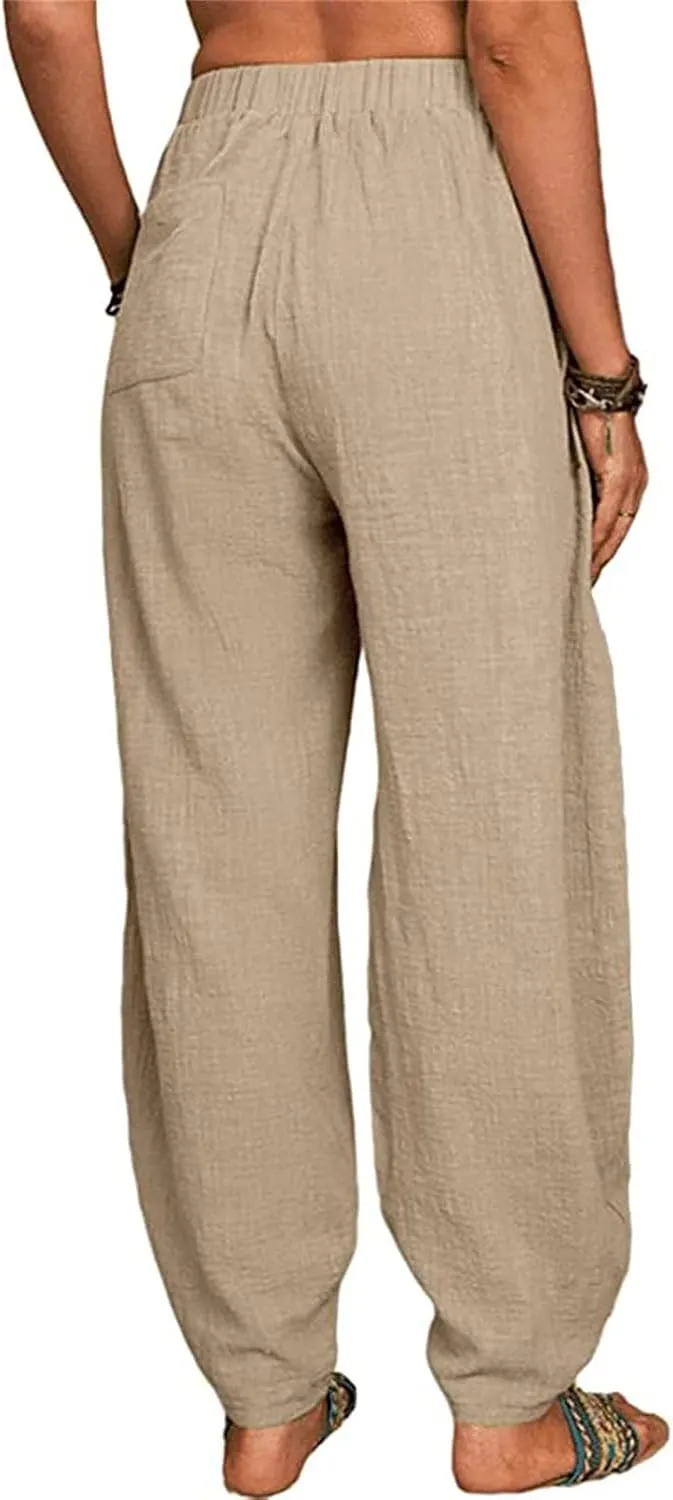 Maiyifu-GJ Women's Baggy Linen Wide Leg Pants Elastic Waist Casual Loose Long Trousers High Waisted Comfy Lounge Pant