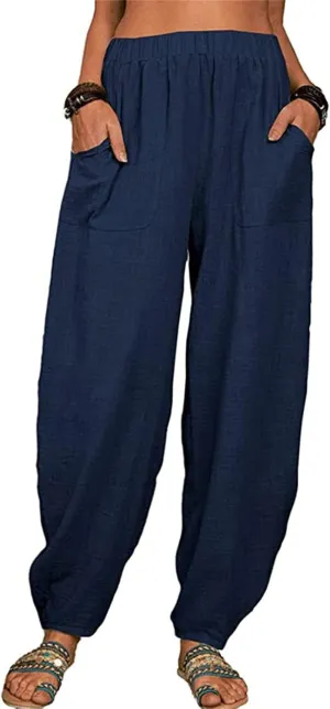 Maiyifu-GJ Women's Baggy Linen Wide Leg Pants Elastic Waist Casual Loose Long Trousers High Waisted Comfy Lounge Pant