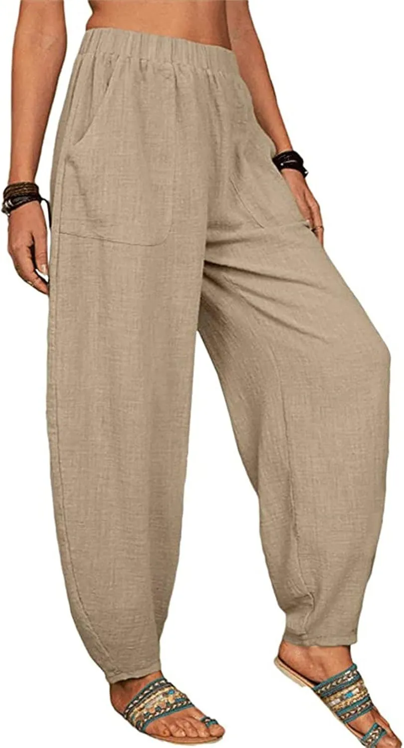 Maiyifu-GJ Women's Baggy Linen Wide Leg Pants Elastic Waist Casual Loose Long Trousers High Waisted Comfy Lounge Pant