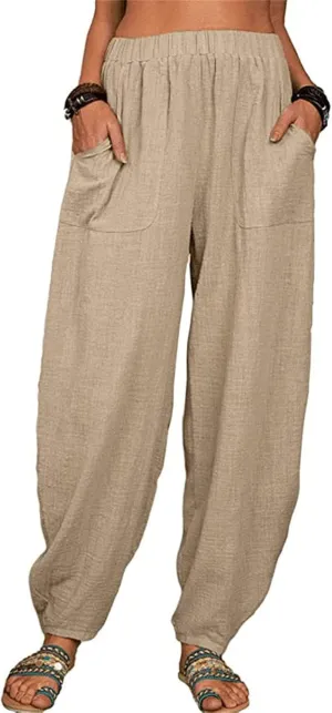 Maiyifu-GJ Women's Baggy Linen Wide Leg Pants Elastic Waist Casual Loose Long Trousers High Waisted Comfy Lounge Pant