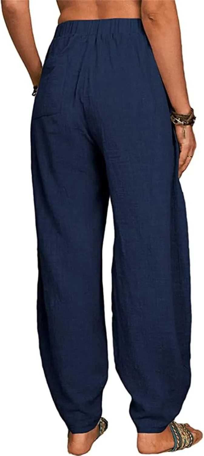 Maiyifu-GJ Women's Baggy Linen Wide Leg Pants Elastic Waist Casual Loose Long Trousers High Waisted Comfy Lounge Pant
