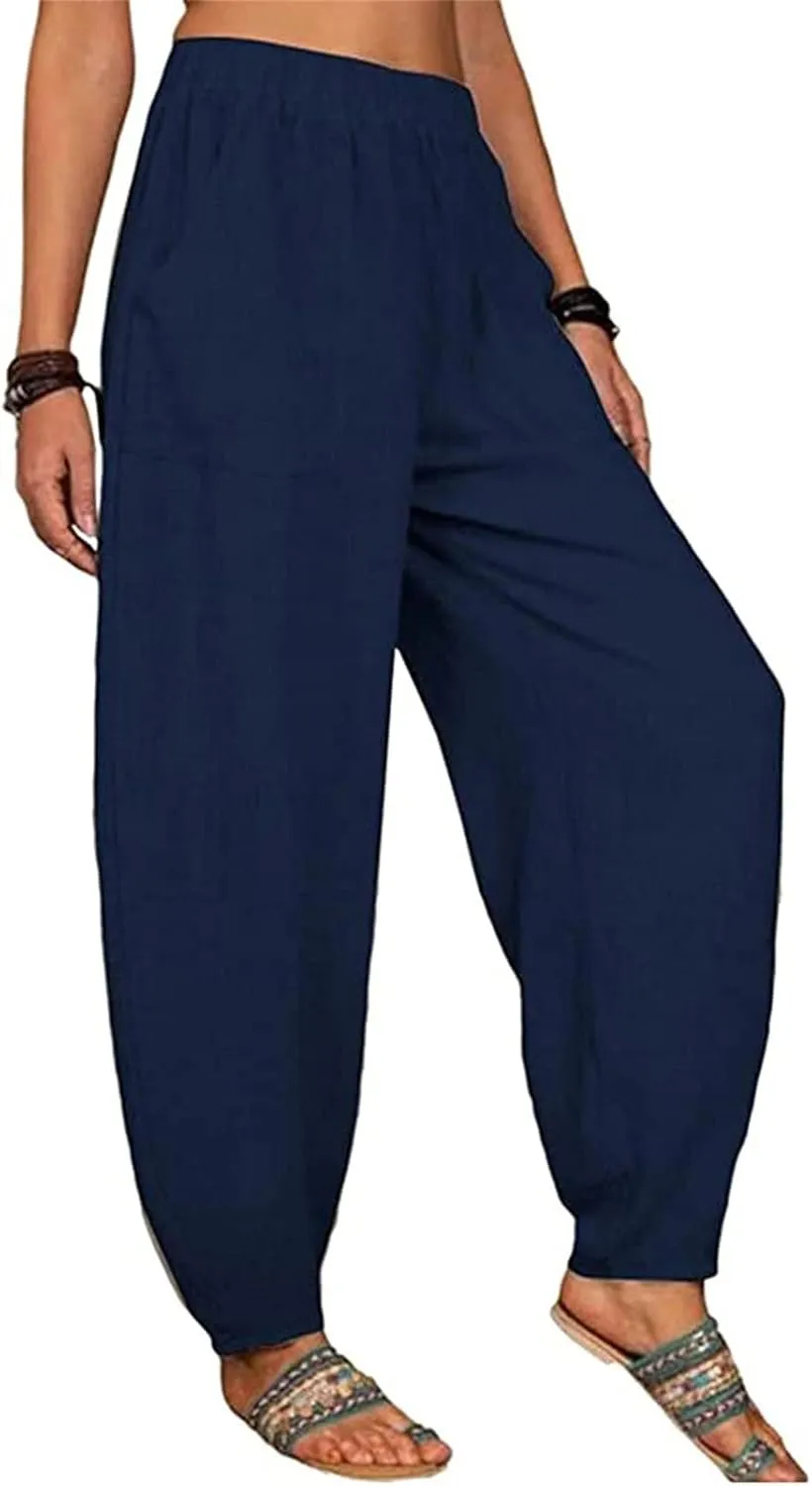 Maiyifu-GJ Women's Baggy Linen Wide Leg Pants Elastic Waist Casual Loose Long Trousers High Waisted Comfy Lounge Pant