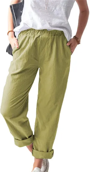 Maiyifu-GJ Women's Casual Linen Pants Straight Leg High Waisted Yoga Trousers Elastic Waist Comfy Drawstring Sweatpants