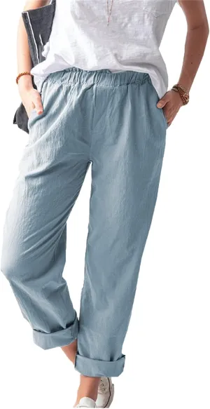 Maiyifu-GJ Women's Casual Linen Pants Straight Leg High Waisted Yoga Trousers Elastic Waist Comfy Drawstring Sweatpants