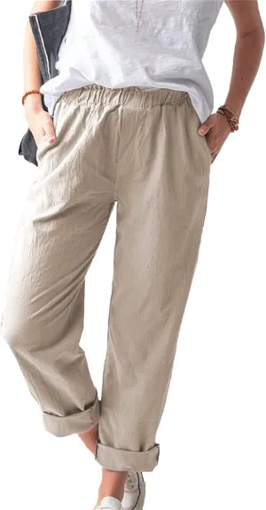 Maiyifu-GJ Women's Casual Linen Pants Straight Leg High Waisted Yoga Trousers Elastic Waist Comfy Drawstring Sweatpants