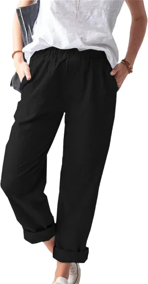 Maiyifu-GJ Women's Casual Linen Pants Straight Leg High Waisted Yoga Trousers Elastic Waist Comfy Drawstring Sweatpants