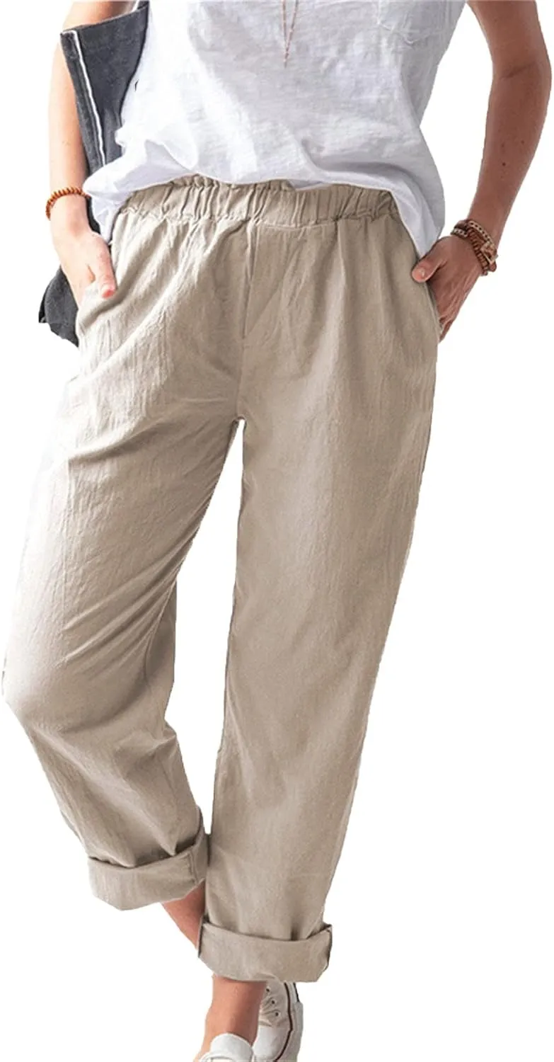 Maiyifu-GJ Women's Casual Linen Pants Straight Leg High Waisted Yoga Trousers Elastic Waist Comfy Drawstring Sweatpants