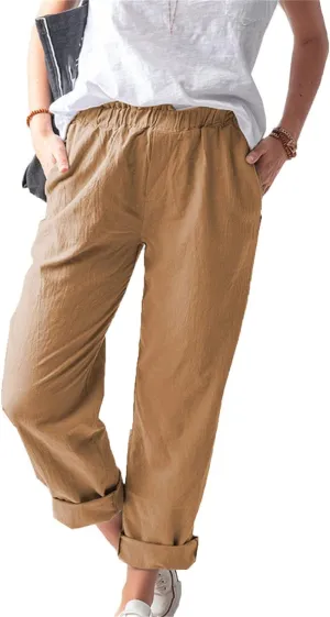 Maiyifu-GJ Women's Casual Linen Pants Straight Leg High Waisted Yoga Trousers Elastic Waist Comfy Drawstring Sweatpants