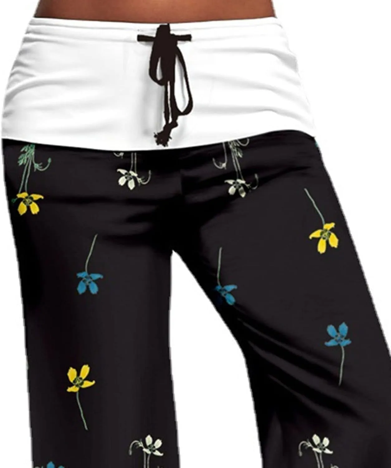 Maiyifu-GJ Women's Comfy Floral Print Palazzo Pants High Waist Drawstring Yoga Trousers Casual Stretch Wide Leg Lounge Pant