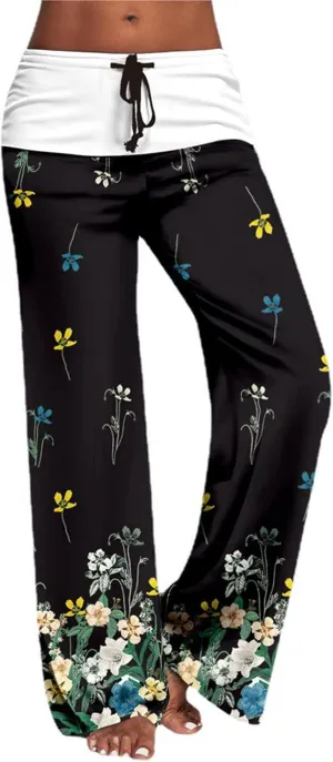 Maiyifu-GJ Women's Comfy Floral Print Palazzo Pants High Waist Drawstring Yoga Trousers Casual Stretch Wide Leg Lounge Pant