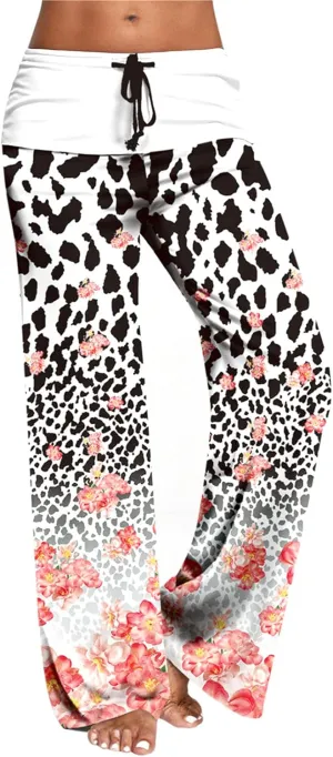 Maiyifu-GJ Women's Comfy Floral Print Palazzo Pants High Waist Drawstring Yoga Trousers Casual Stretch Wide Leg Lounge Pant