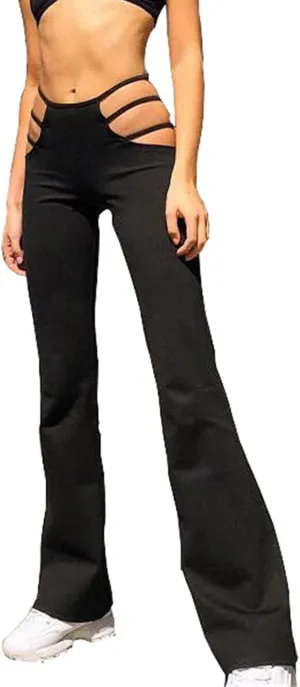 Maiyifu-GJ Women's Cut Out Wide Leg Flare Pants High Waist Stretch Bell Bottom Trousers Elastic Waist Sexy Club Punk Pants