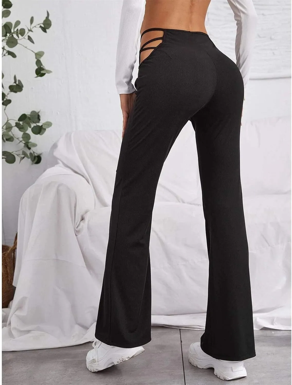 Maiyifu-GJ Women's Cut Out Wide Leg Flare Pants High Waist Stretch Bell Bottom Trousers Elastic Waist Sexy Club Punk Pants