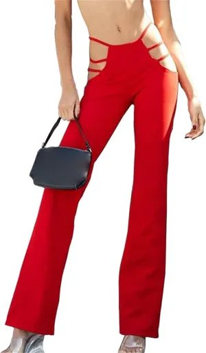 Maiyifu-GJ Women's Cut Out Wide Leg Flare Pants High Waist Stretch Bell Bottom Trousers Elastic Waist Sexy Club Punk Pants