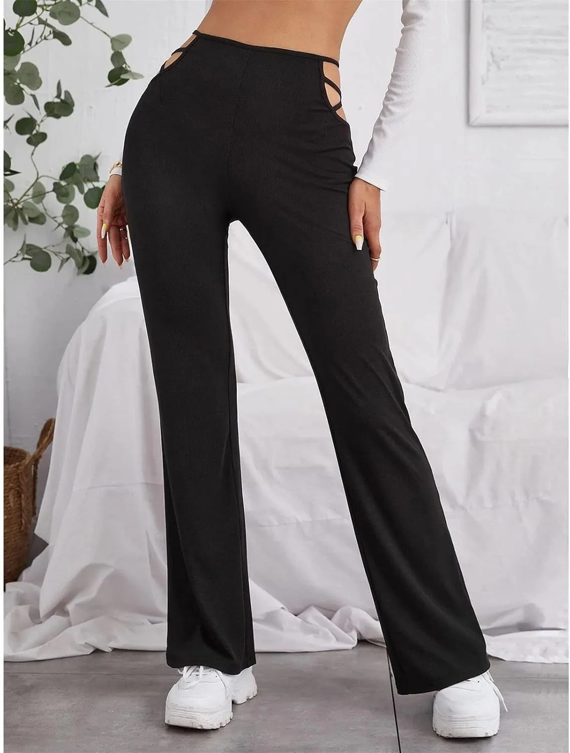 Maiyifu-GJ Women's Cut Out Wide Leg Flare Pants High Waist Stretch Bell Bottom Trousers Elastic Waist Sexy Club Punk Pants