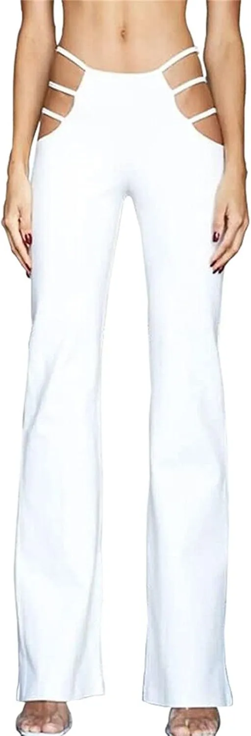 Maiyifu-GJ Women's Cut Out Wide Leg Flare Pants High Waist Stretch Bell Bottom Trousers Elastic Waist Sexy Club Punk Pants