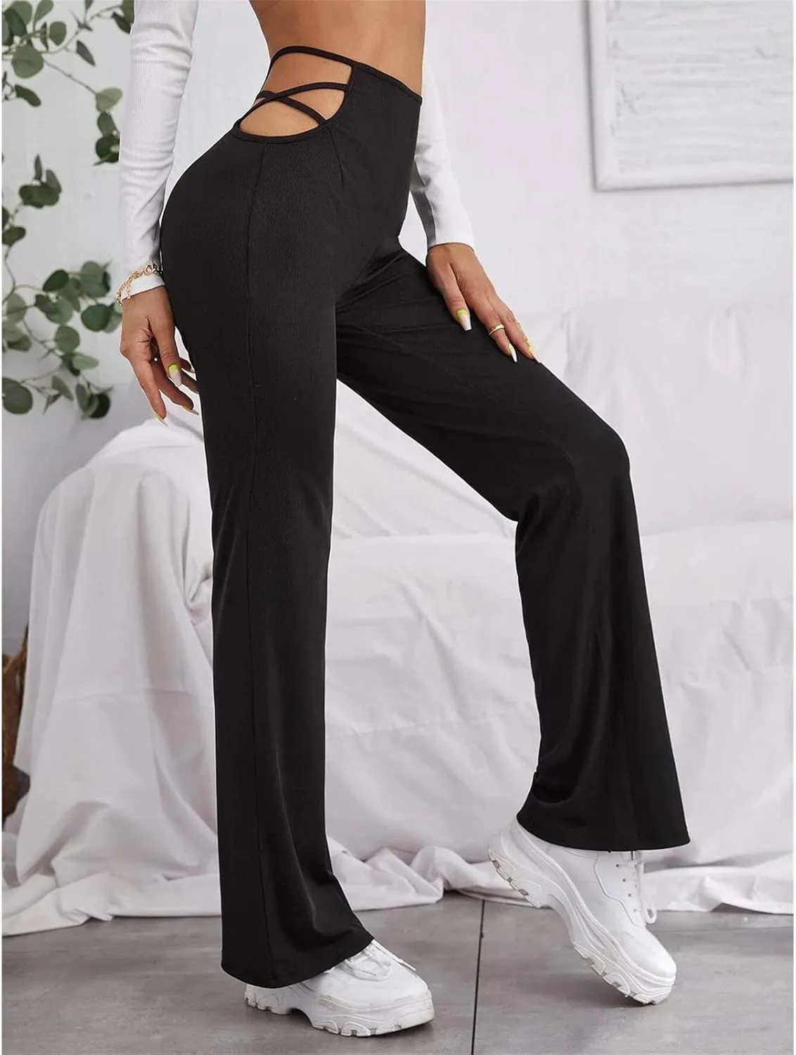 Maiyifu-GJ Women's Cut Out Wide Leg Flare Pants High Waist Stretch Bell Bottom Trousers Elastic Waist Sexy Club Punk Pants
