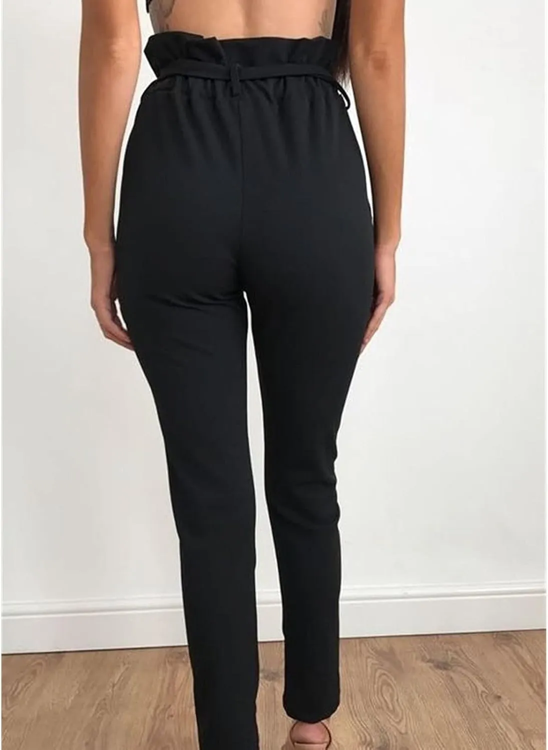 Maiyifu-GJ Women's High Waist Belted Pencil Pants Solid Color Comfy Paper Bag Pant Casual Slim Fit Self Tie Office Trouser
