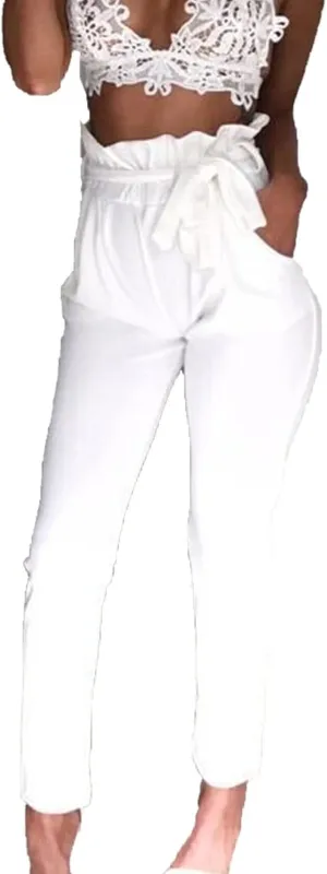 Maiyifu-GJ Women's High Waist Belted Pencil Pants Solid Color Comfy Paper Bag Pant Casual Slim Fit Self Tie Office Trouser