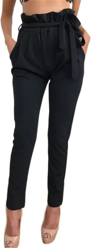 Maiyifu-GJ Women's High Waist Belted Pencil Pants Solid Color Comfy Paper Bag Pant Casual Slim Fit Self Tie Office Trouser