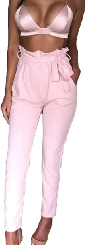 Maiyifu-GJ Women's High Waist Belted Pencil Pants Solid Color Comfy Paper Bag Pant Casual Slim Fit Self Tie Office Trouser