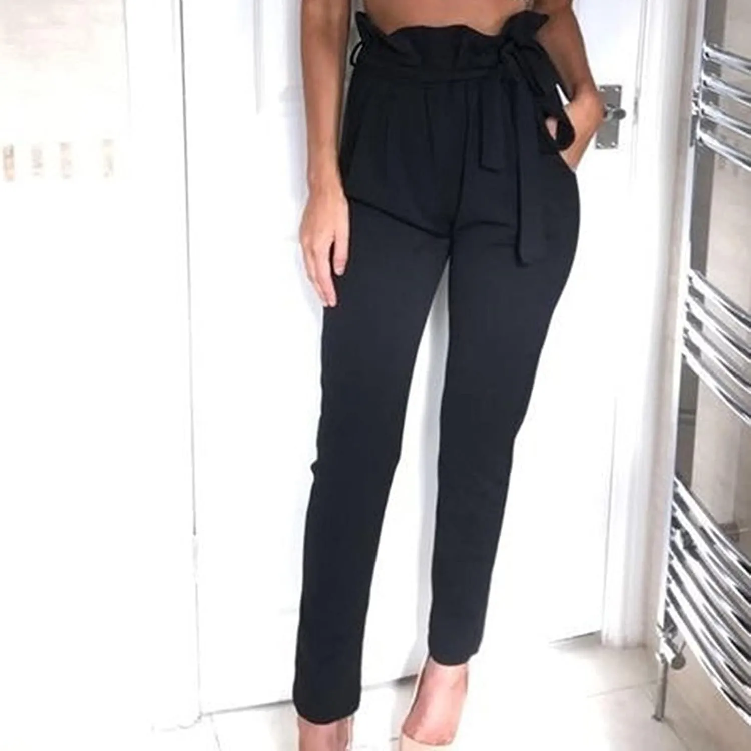 Maiyifu-GJ Women's High Waist Belted Pencil Pants Solid Color Comfy Paper Bag Pant Casual Slim Fit Self Tie Office Trouser