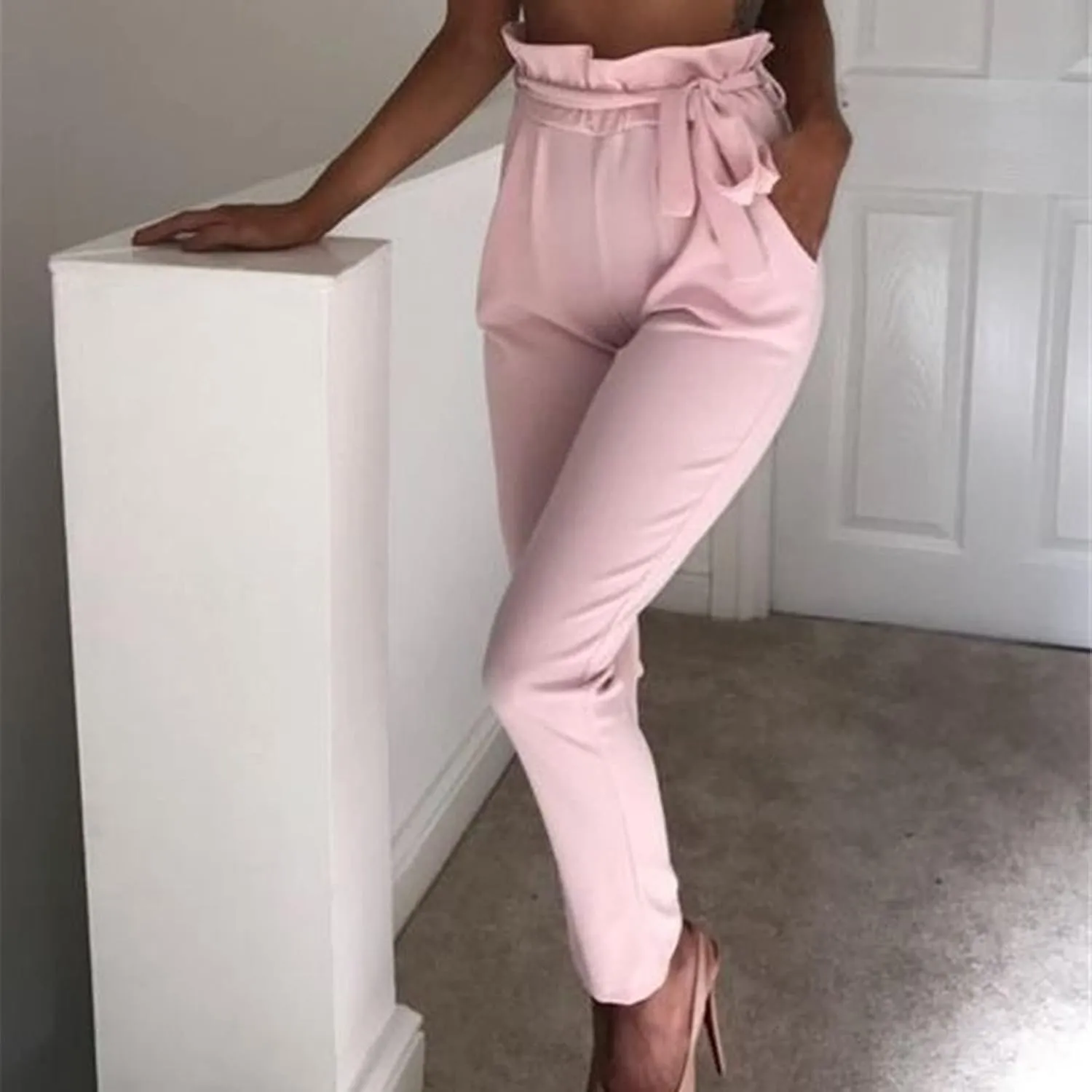 Maiyifu-GJ Women's High Waist Belted Pencil Pants Solid Color Comfy Paper Bag Pant Casual Slim Fit Self Tie Office Trouser