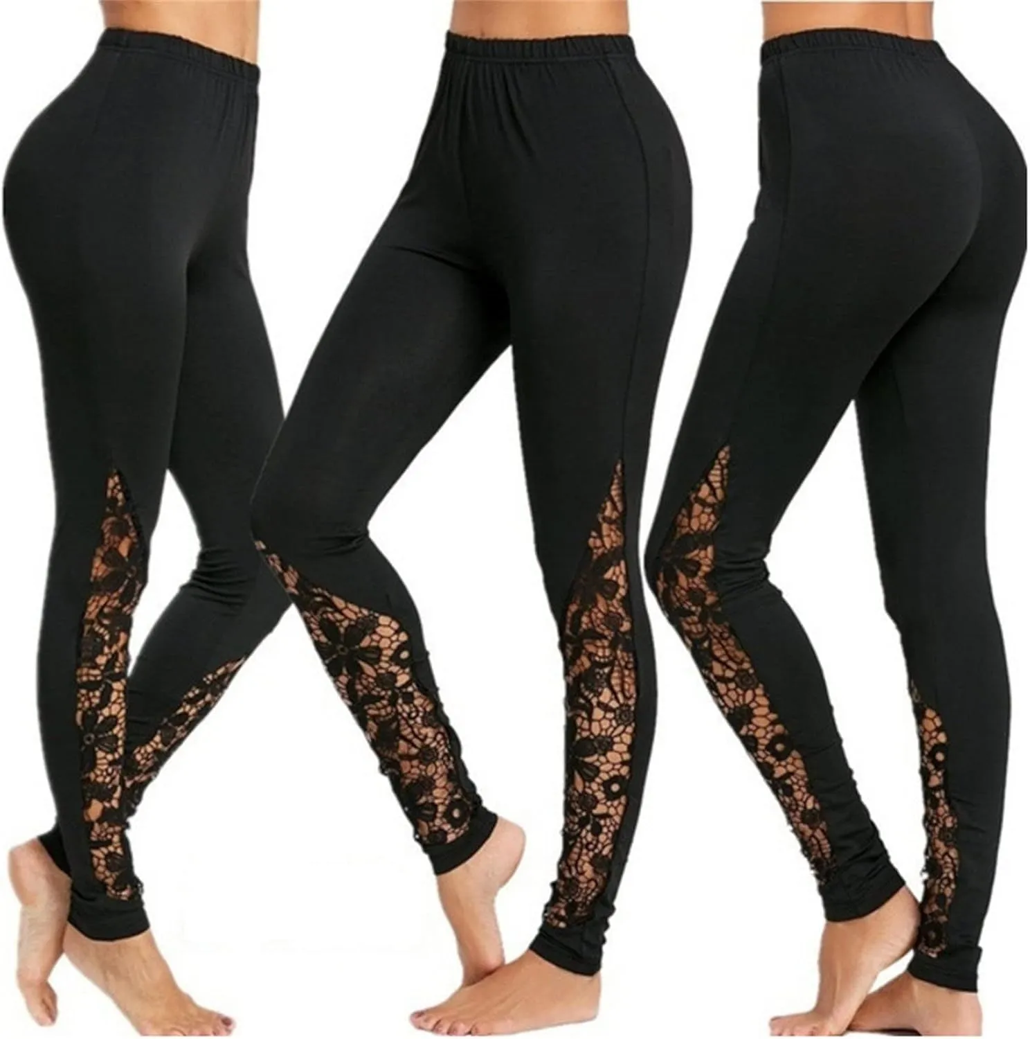 Maiyifu-GJ Women's Lace Mesh Hollow Leggings Tummy Control Stretch Sheer Workout Trousers Sexy High Waist Yoga Bodycon Pants
