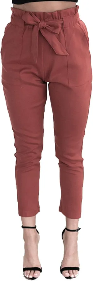 Maiyifu-GJ Women's Paper Bag Belted Pencil Pants Casual Slim Fit Self Tie Office Trouser High Elastic Waist Solid Comfy Pant