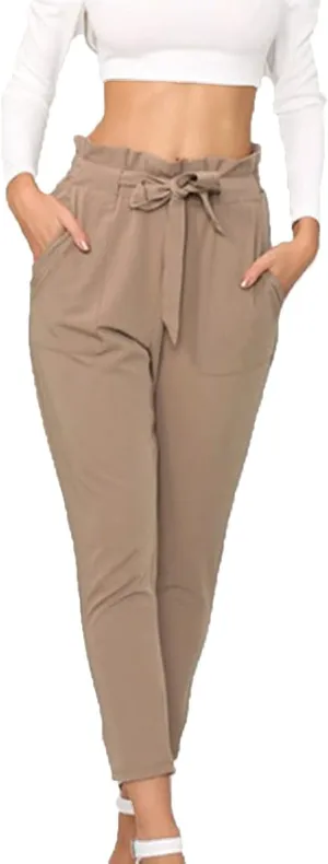 Maiyifu-GJ Women's Paper Bag Belted Pencil Pants Casual Slim Fit Self Tie Office Trouser High Elastic Waist Solid Comfy Pant