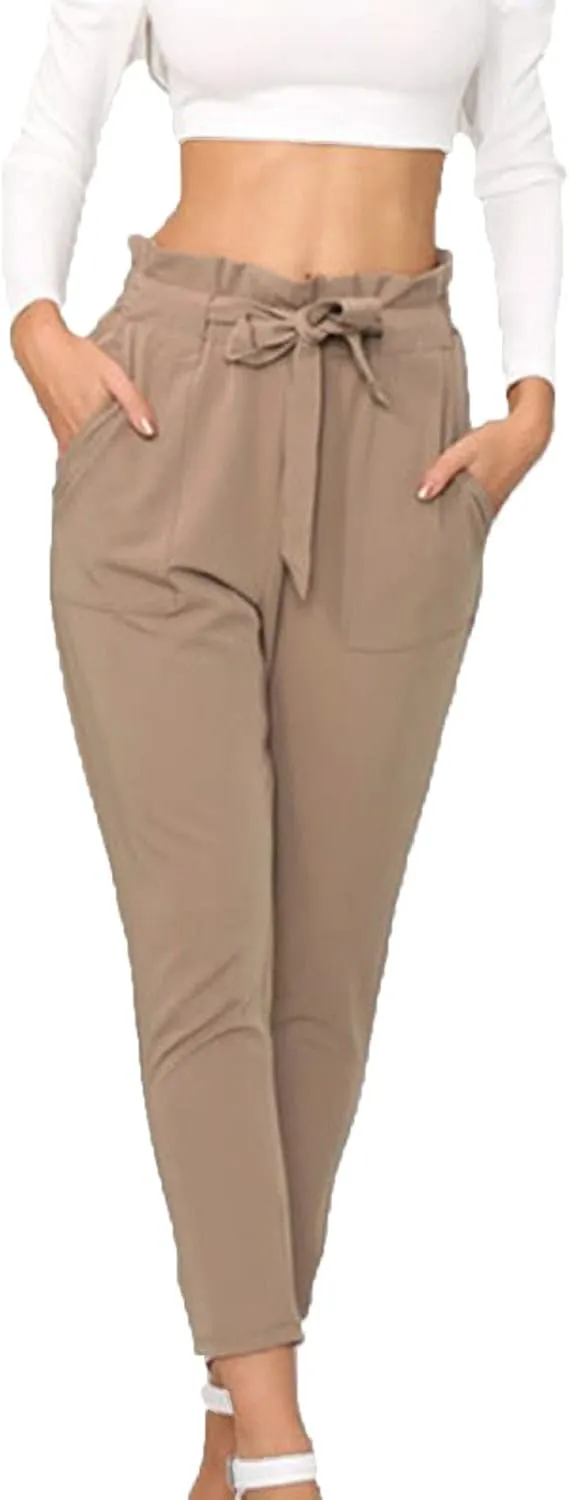 Maiyifu-GJ Women's Paper Bag Belted Pencil Pants Casual Slim Fit Self Tie Office Trouser High Elastic Waist Solid Comfy Pant