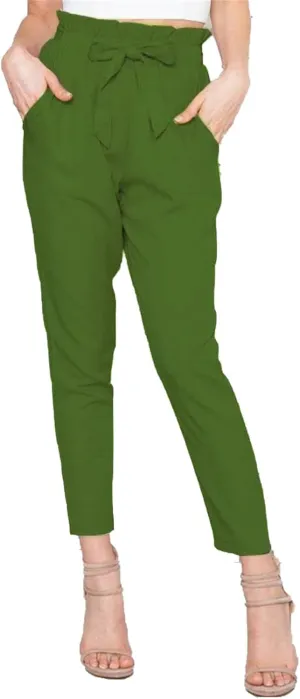 Maiyifu-GJ Women's Paper Bag Belted Pencil Pants Casual Slim Fit Self Tie Office Trouser High Elastic Waist Solid Comfy Pant
