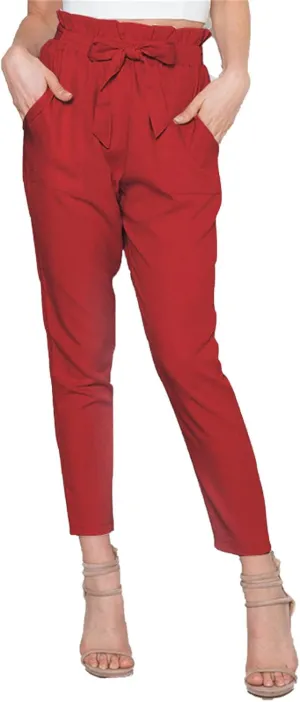 Maiyifu-GJ Women's Paper Bag Belted Pencil Pants Casual Slim Fit Self Tie Office Trouser High Elastic Waist Solid Comfy Pant