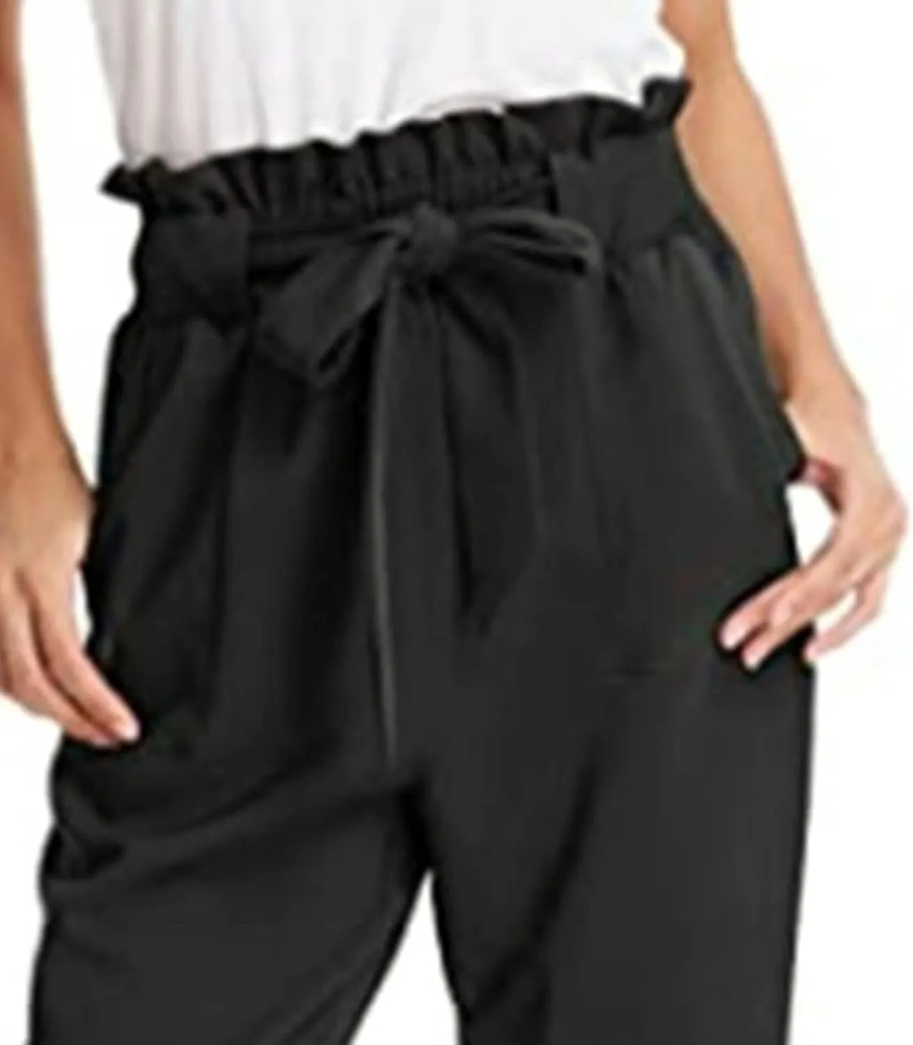 Maiyifu-GJ Women's Paper Bag Belted Pencil Pants High Elastic Waist Solid Ankle Pant Casual Slim Fit Self Tie Office Trouser