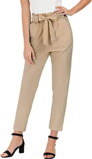 Maiyifu-GJ Women's Paper Bag Belted Pencil Pants High Elastic Waist Solid Ankle Pant Casual Slim Fit Self Tie Office Trouser