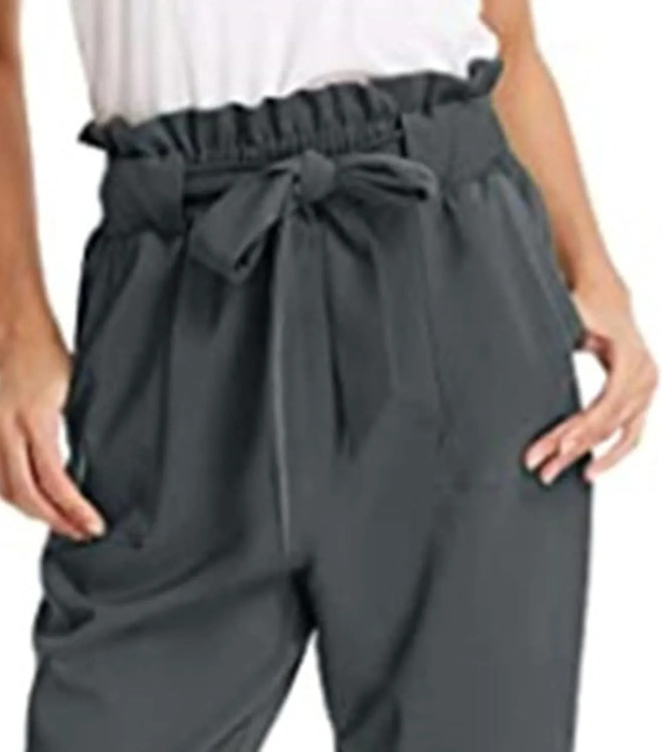 Maiyifu-GJ Women's Paper Bag Belted Pencil Pants High Elastic Waist Solid Ankle Pant Casual Slim Fit Self Tie Office Trouser