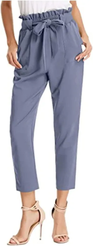 Maiyifu-GJ Women's Paper Bag Belted Pencil Pants High Elastic Waist Solid Ankle Pant Casual Slim Fit Self Tie Office Trouser